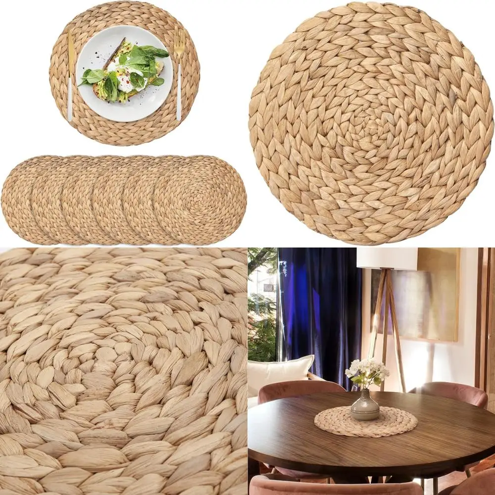 Juego de manteles individuales de mimbre tejidos a mano de 6 piezas, manteles redondos de ratán, manteles tejidos de jacinto de agua natural y manteles de paja trenzada