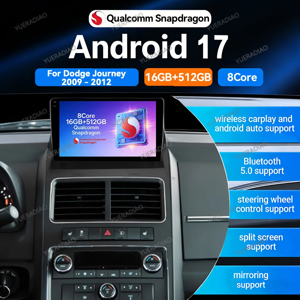 Android 17 Car Radio For Dodge Journey 2009 - 2012 Multimedia Stereo Video Player Qualcomm Head Unit 2DIN 4G LTE 5G WIFI QLED BT