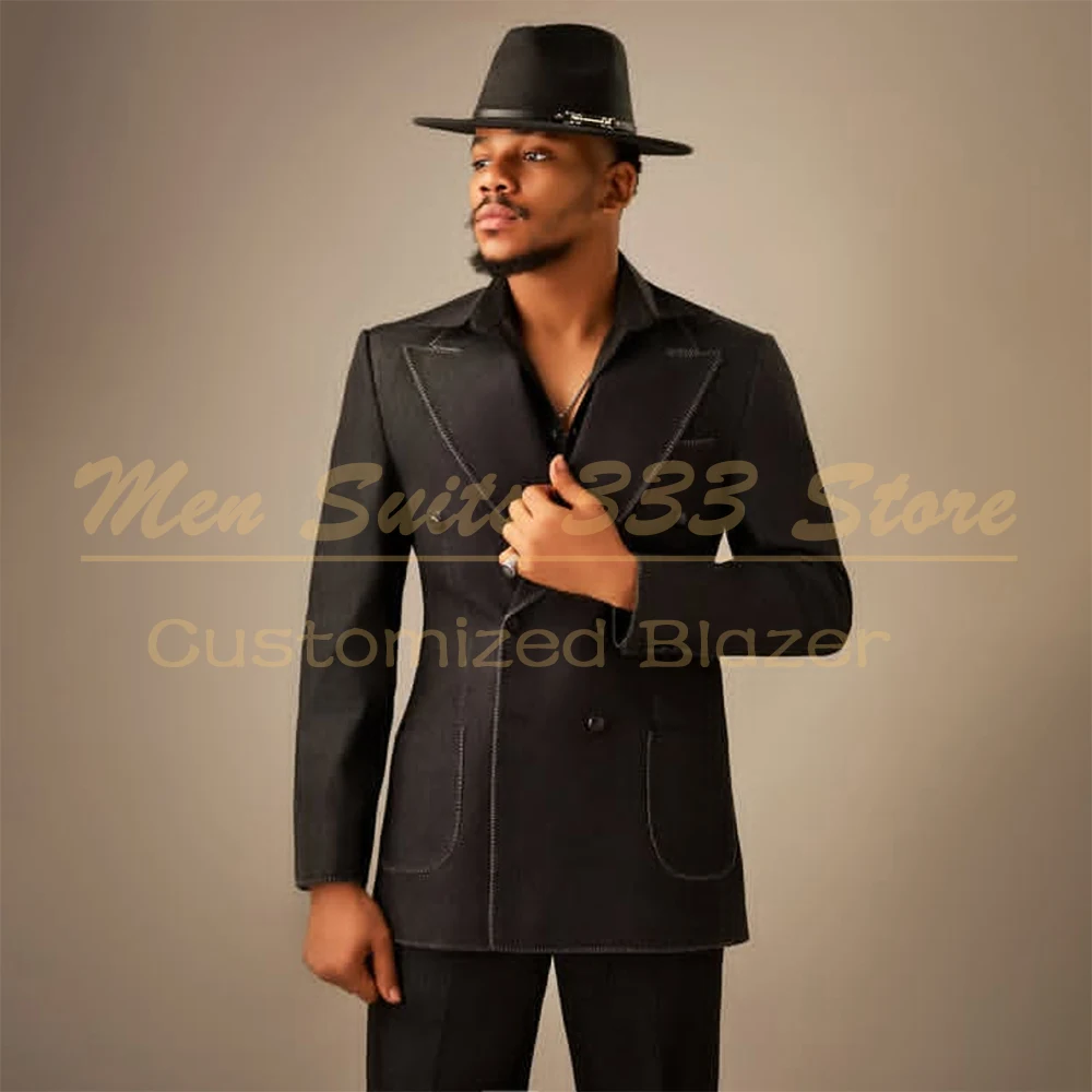 Customized Black Denim Men's Suits Fashion Double Breasted Peak Lapel Skinny Male Clothing Casual Chic 2 Piece Jacket Pants