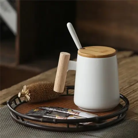 Hot Selling-450ML Vintage Wooden Handle  Coffee Mug Nordic Design Lid Porcelain Tea Milk Cup Drinkware Gift For Couple Of