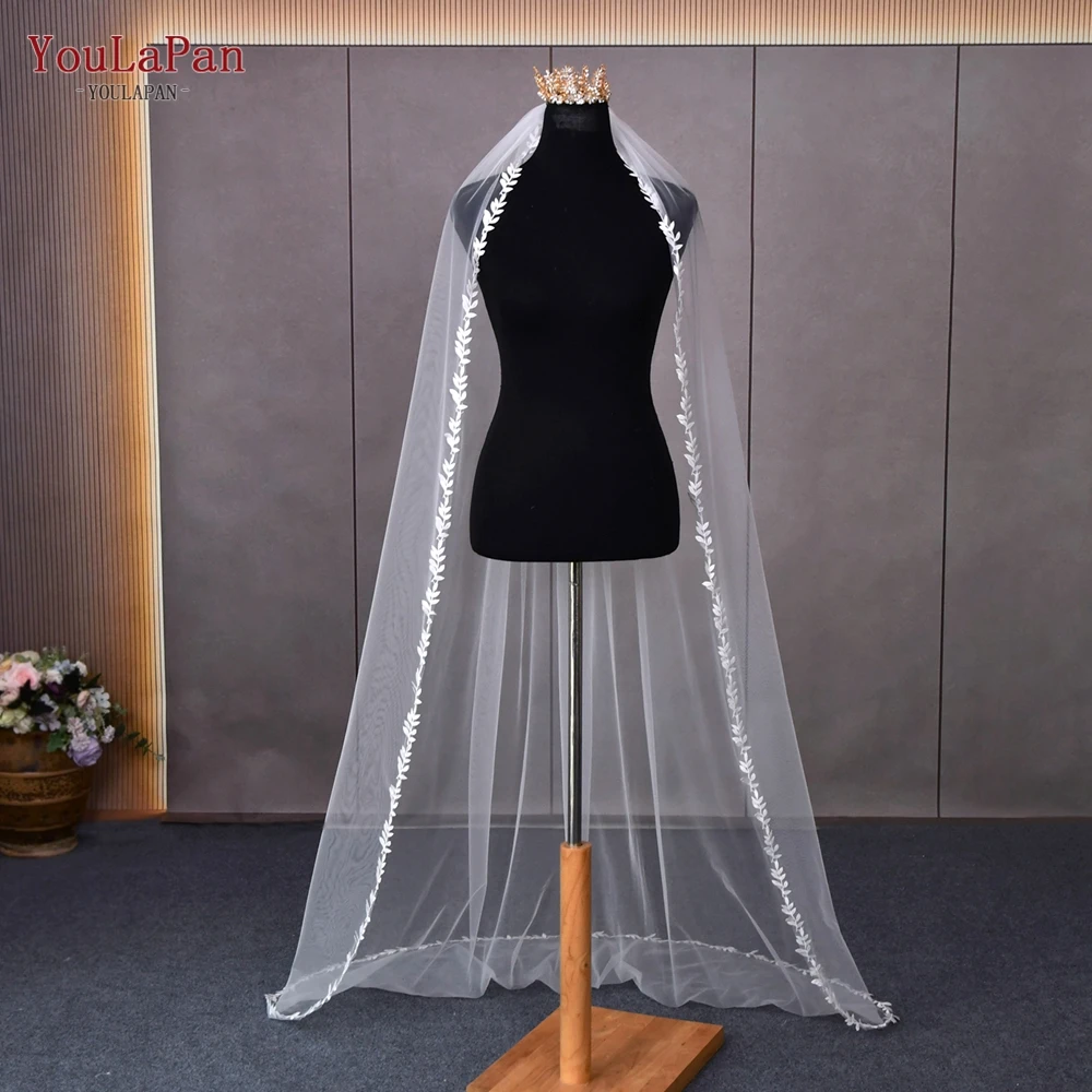 YouLasaupoudrer-Voile de mariage en tulle doux avec bordure en dentelle, 1 niveau de long, élégant, valse délicate, longueur VEU, patients, V129