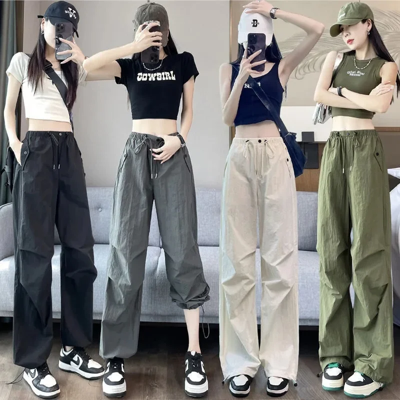 

American Style Female Quick Drying Work Pants New Lady Elastic Waist Leisure Sports Pants Women Loose Fitting Wide Legs Trousers