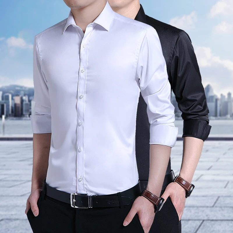 

Men's White Long Sleeved Business Suit Professional Slim Fitting Black Shirt Korean Version Suit Solid Color Bottom Layer Shirt