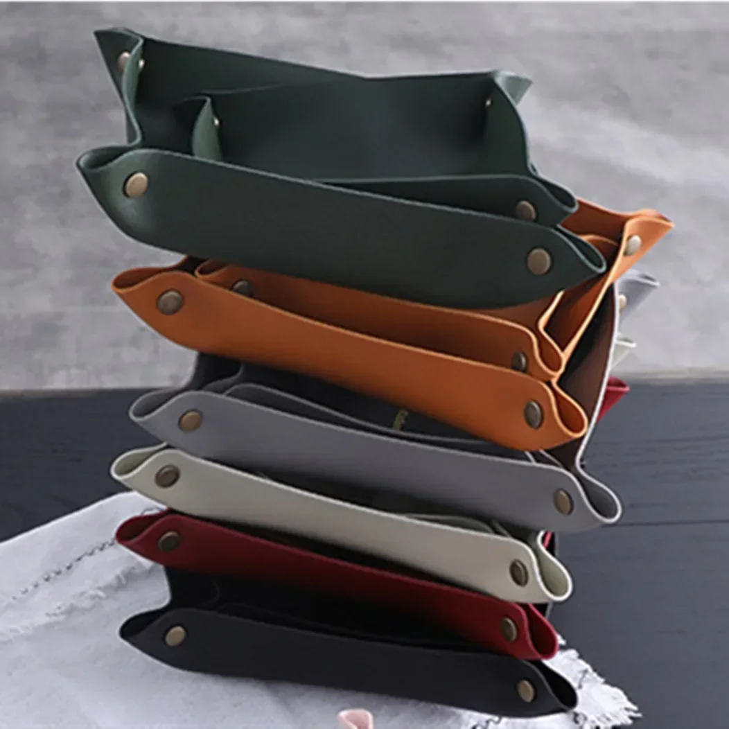 PU Leather Valet Trinket Folding Tray Collapsible Phone Key Wallet Coin Desktop Storage Sundries Box Bins Accessories