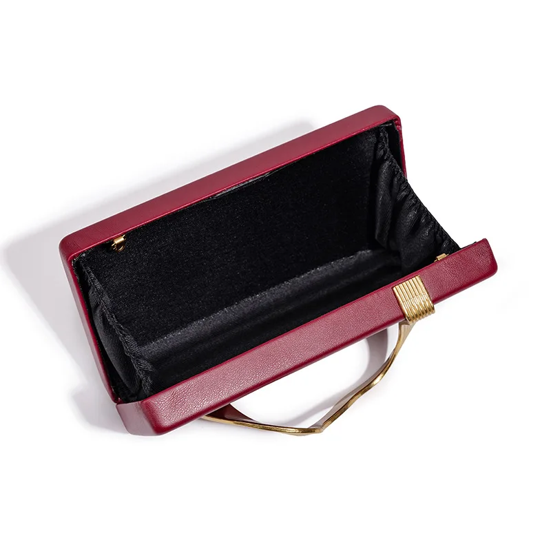 Elegant Hard Box Clutch Bag Wave Metal Handle Faux Leather Evening Purse Detachable Gold Chain Crossbody Handbag