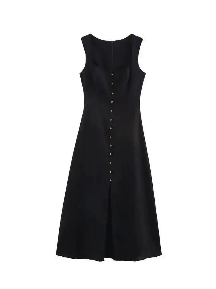 Women's A-line Long Dress Elegant Square Neck Sleeveless Wide Sling Maxi Dresses 2025 Summer Lady Commute Button Dresses TE8R