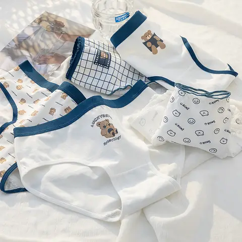 3pcs Cotton Panties Girls' Cartoon Bear Printed Mid-Waist Student Breathable Seamless Underwear Lingeries Female Underpants