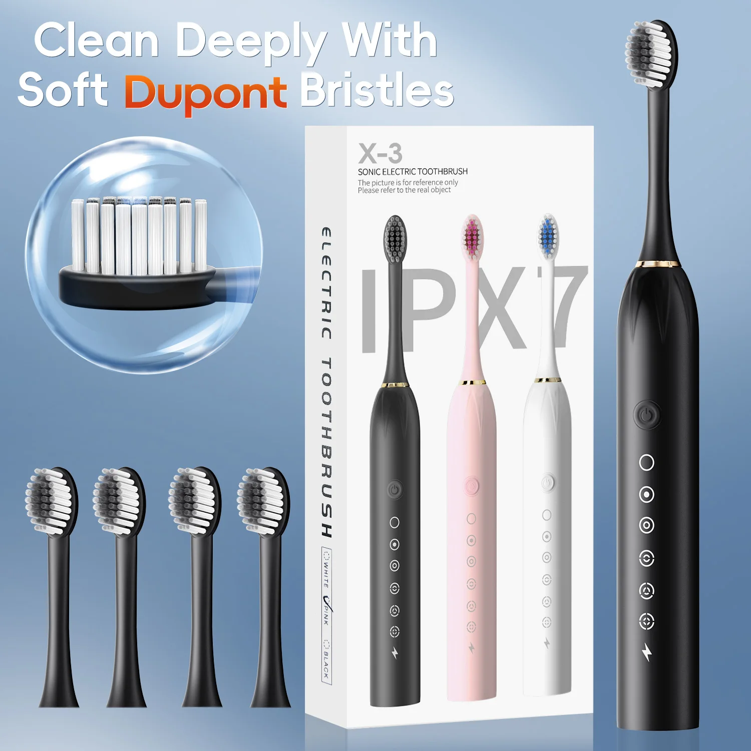 

Звуковая электрическая зубная щетка для взрослых DuPont, насадка для щетки IPX7, водонепроницаемая, USB, перезаряжаемая, высокочастотная чистка, 6 режимов чистки