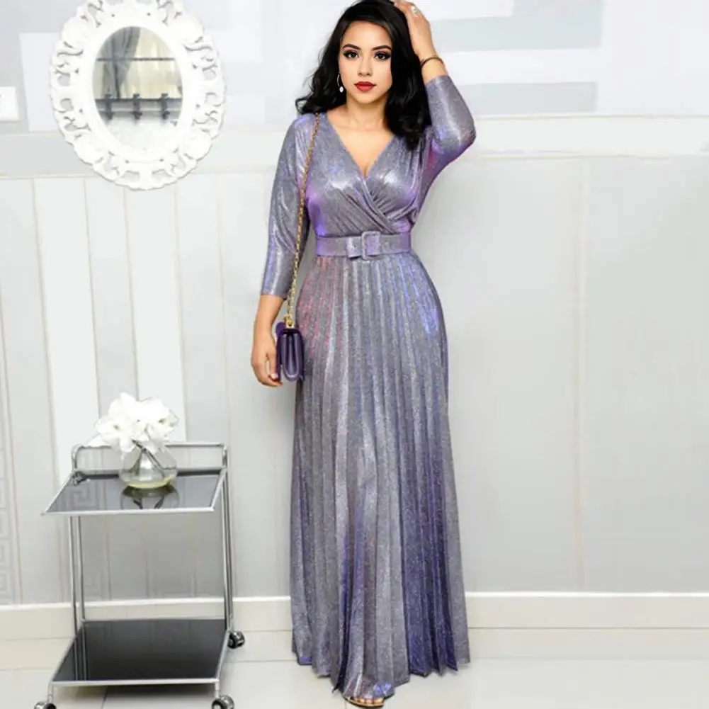 

Women V-neck Pleated Dress Pleated Design Outfit Elegant V Neck Pleated Maxi Dress for Women High Waist Shiny Solid for Summer