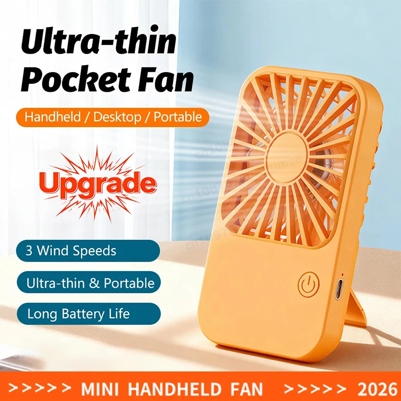   Ultradünner tragbarer Taschenventilator, über USB wiederaufladbar, 3-stufig einstellbar, Handventilator mit Ständer, 2-in-1-Tischventilator für Reisen im Freien
