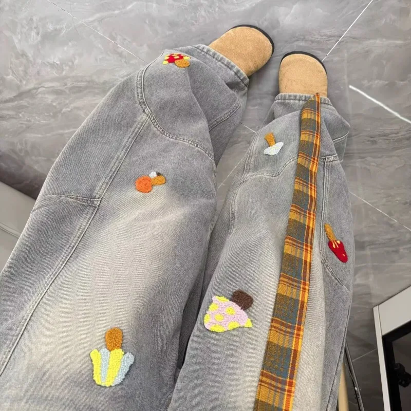 Cartoon Dachshund Three-dimensional Embroidered Jeans for Women's Autumn Winter New Mid-waist Thin Loose Straight Wide-leg Pants