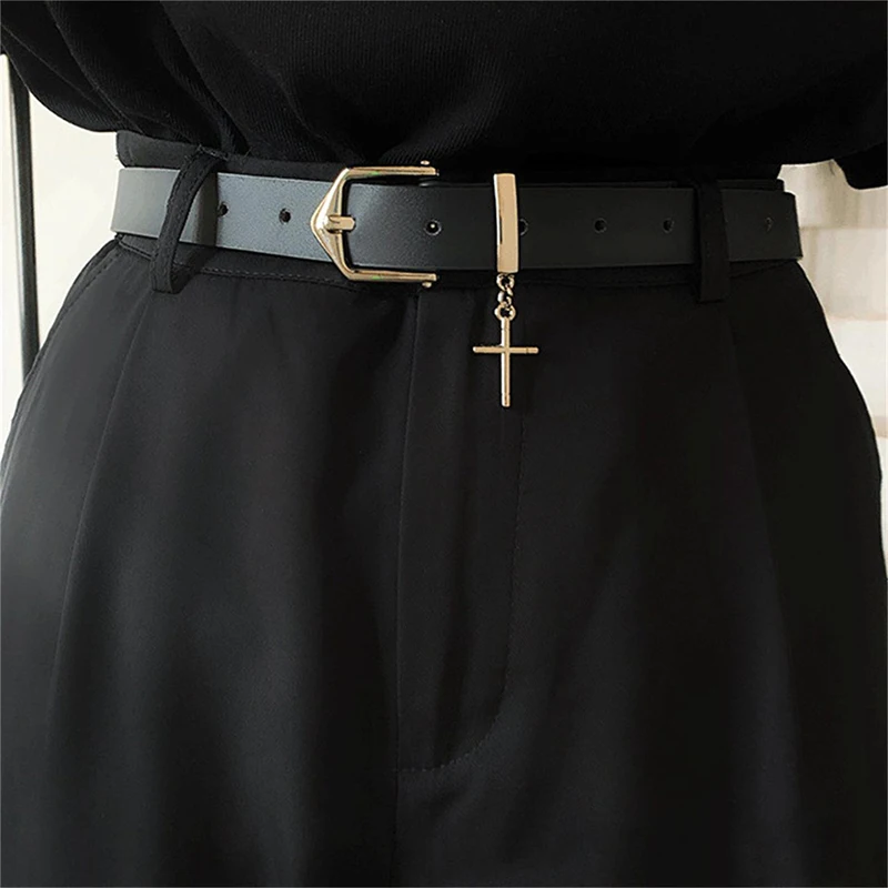 1Pc Punk Cross Pendant Jean Pants Belt Fashion Retro Men Woman Waist Strap PU Leather Metal Pin Buckle Hip Hop Waistband