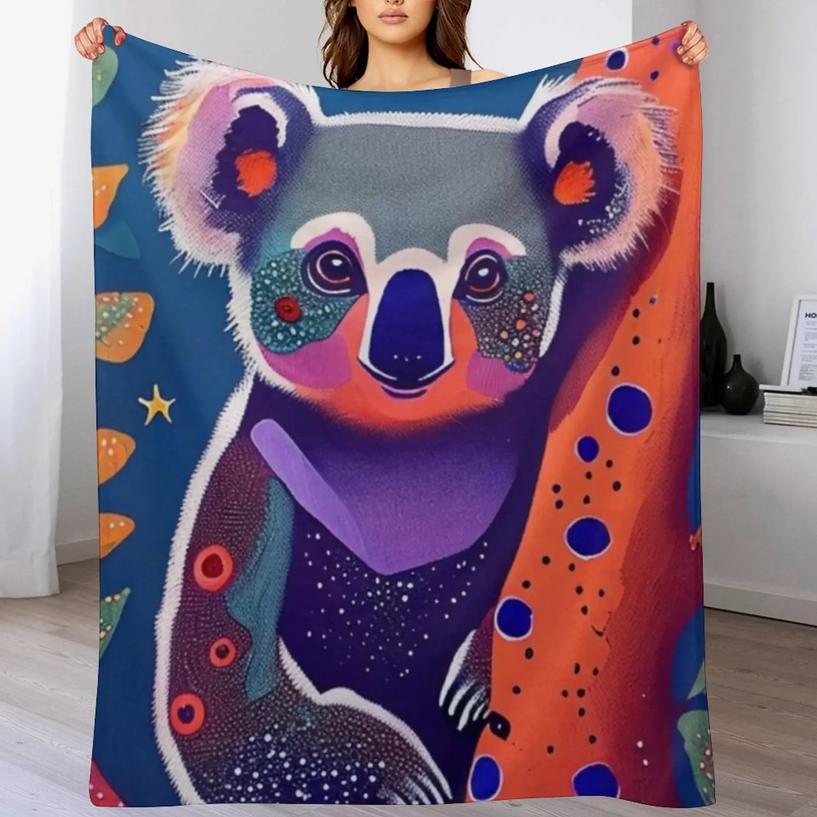 Aboriginal Art Cute Koala Bear in Dot Paintings Throw Blanket Cute Summer Blankets