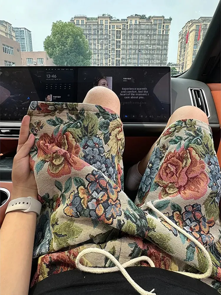 

Гавайские ретро этнические мужские брюки с цветочным принтом, летние модные повседневные пляжные брюки с пятью четвертью, свободные прямые брюки с эластичной резинкой на талии