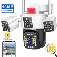 16MP 8K WiFi Security Cameras Four Len Three Screens 10X Zoom PTZ Video Cam Auto Tracking 6K Waterproof Outdoor Surveillance Cam