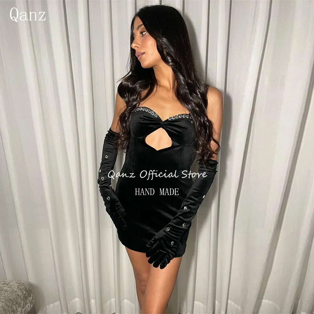 Qanz Black Crystal Prom Dresses Velvet Mini Spaghetti Straps with Gloves Party Club Gowns Lace Up Back Cocktail Dress Customized