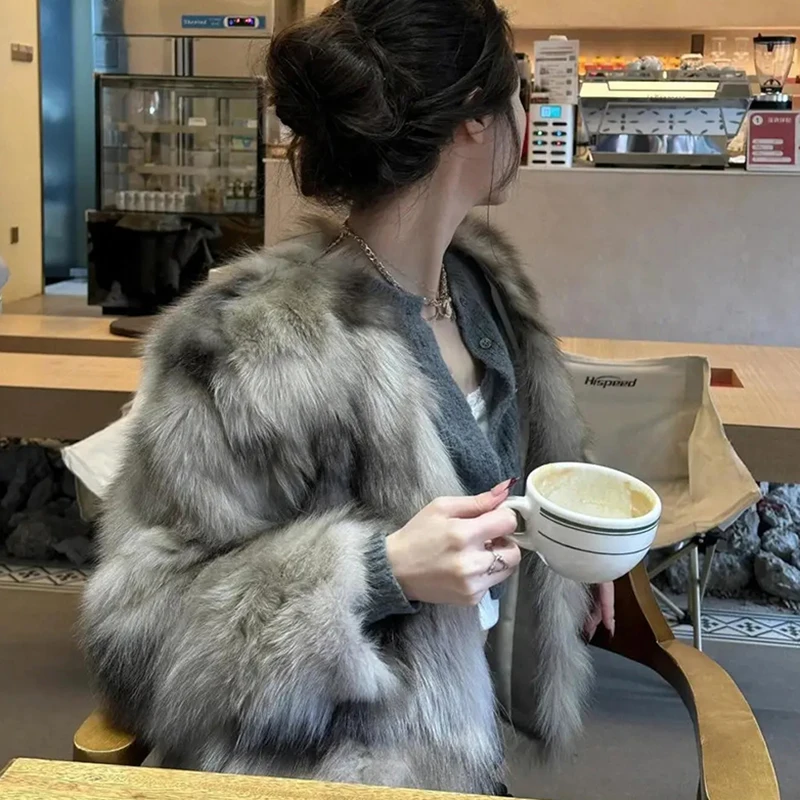 Fuzzy Faux Fox Fur Women Jacket Korean Elegant Collarless Coat Long Sleeve Thick Warm Chic Luxury Winter Outerwear Top
