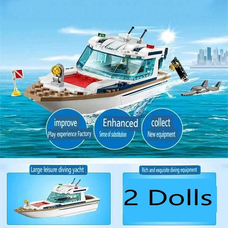 

Городская серия 60221, солнечная яхта для дайвинга, головоломка с акулой, сборка патруля, океанская лодка, модель строительного блока, игрушка для мальчиков, детский подарок