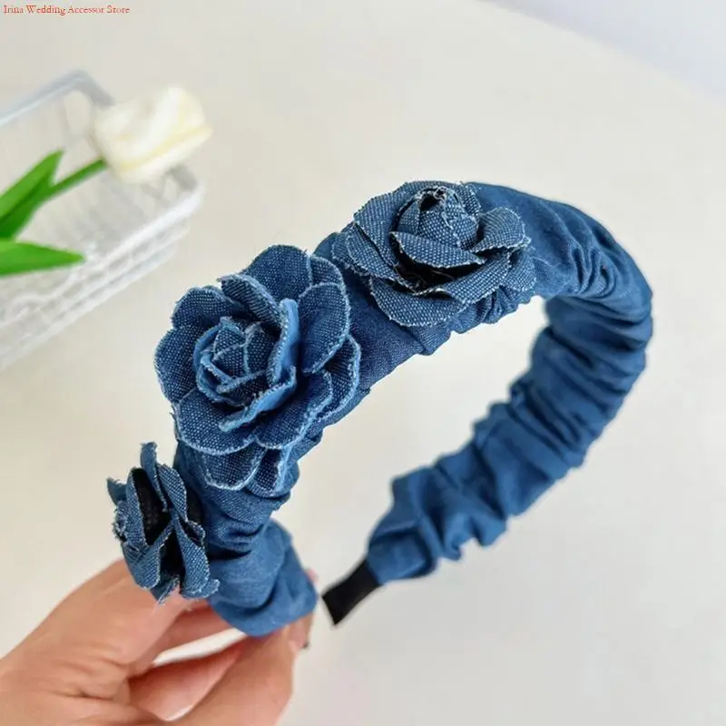 G92D Spring Summer Yoga SPA Sports Hair Hoop Delicate Hairband with Blue Rose Woman Teens Wash Face Hair Accessory