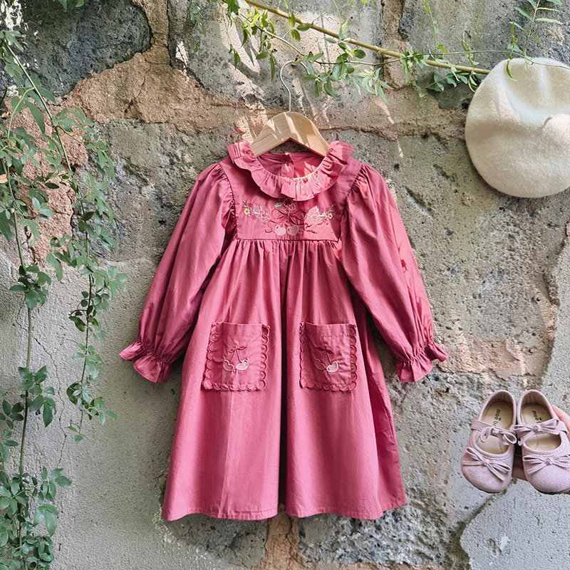 

2025Autumn Children's Clothing Cherry Embroidery Cotton Girls' Dress French Sweet Ruffle Long Sleeve Children's Dress