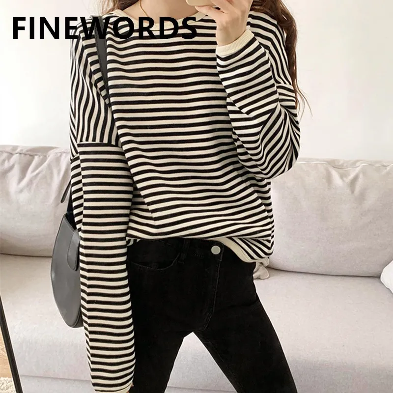 

FINEWORDS O Neck Black Striped Sweater Women Korean Long Sleeve Winter Pullover Loose Oversized Sweater Vintage Casual Jumper