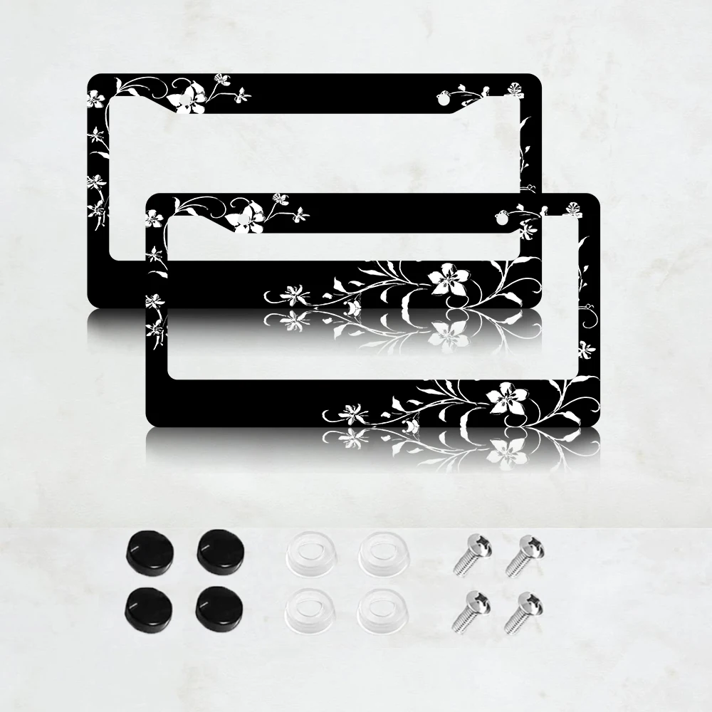 

2PC 2-Hole License Plate Frame in Black with White Floral Design, American Standard Size, Aluminum Material, 6x12 Inches