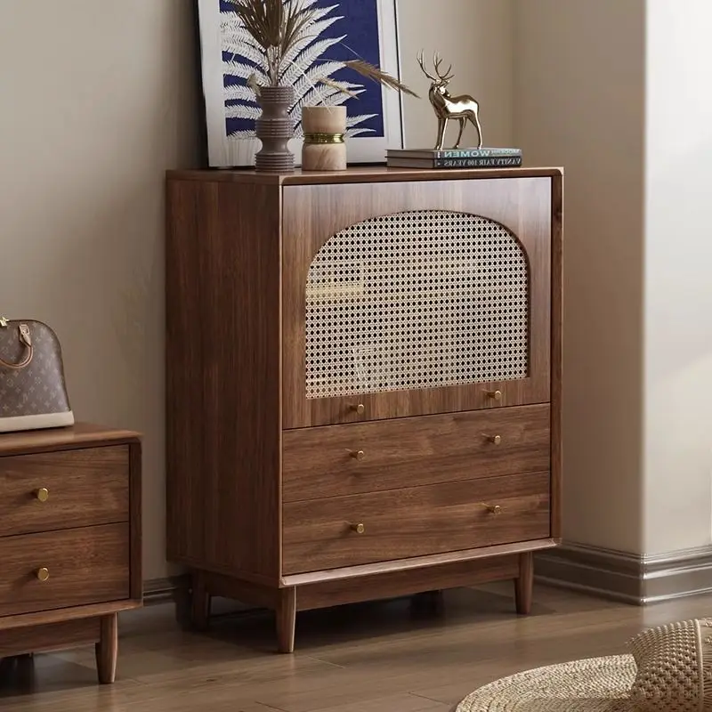 

Living room chest small vertical cabinet storage cabinet retro rattan solid wood leg storage cabinet bedroom wall storage cabine