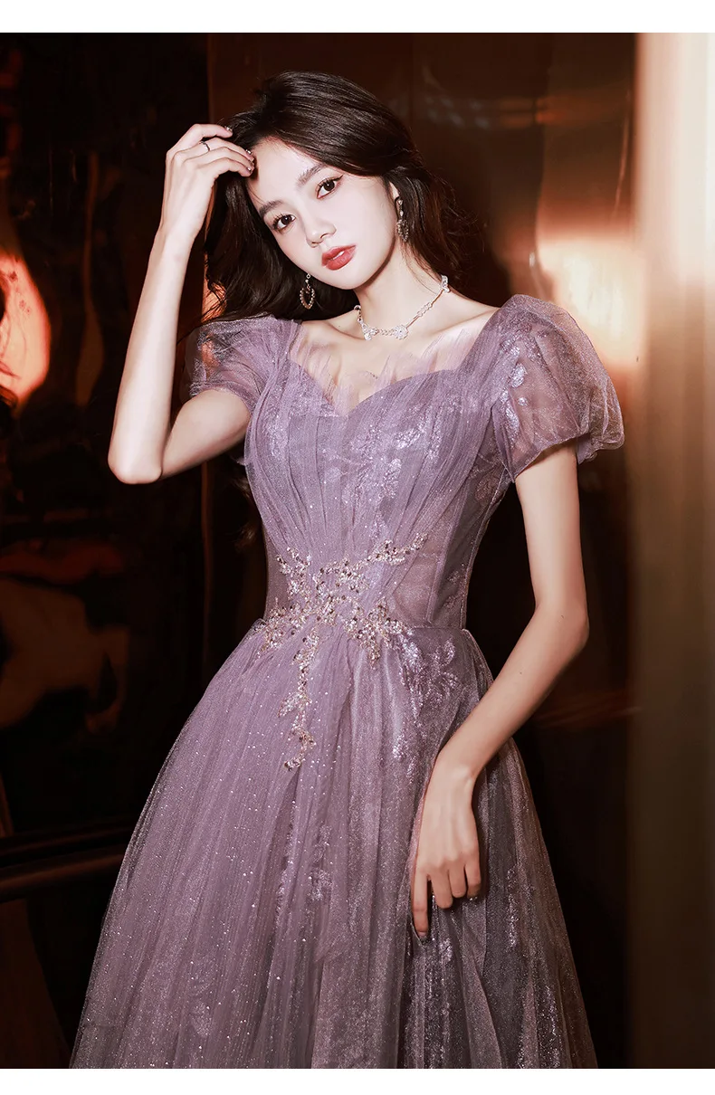 Purple Sexy Sequins Applique Puff Sleeve Back Bandage A-Line Evening Dress Bride Bridesmaid Wedding Tulle Prom Gowns Vestidos