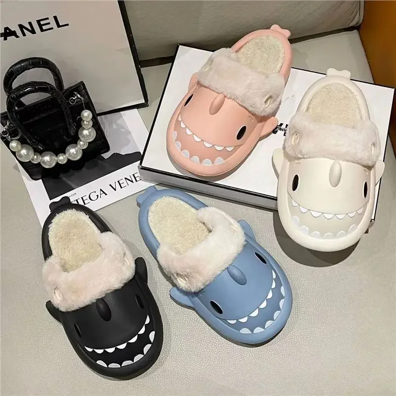 Men\'s & women\'s cute cartoon plush home thick bottom non-slip warm cover toe shark cotton slippers winter Indoor Outdoor Slides