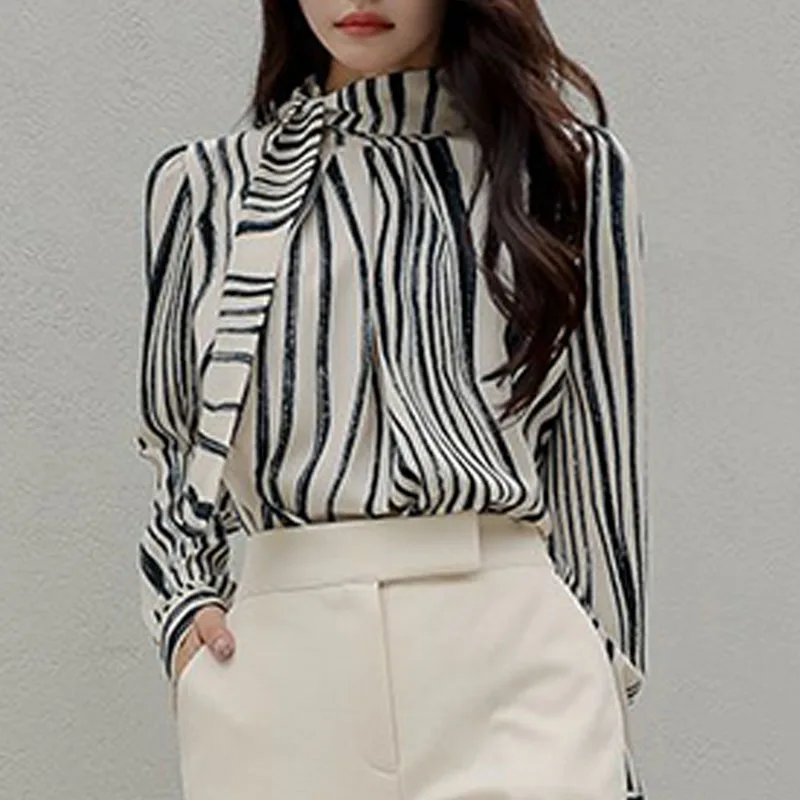 Fashion Stand Collar Women Blouse Long Sleeve Striped Lace-up Blouse Shirt Women Tops Camisas Blusa Blusas Camisas De Mujer N105