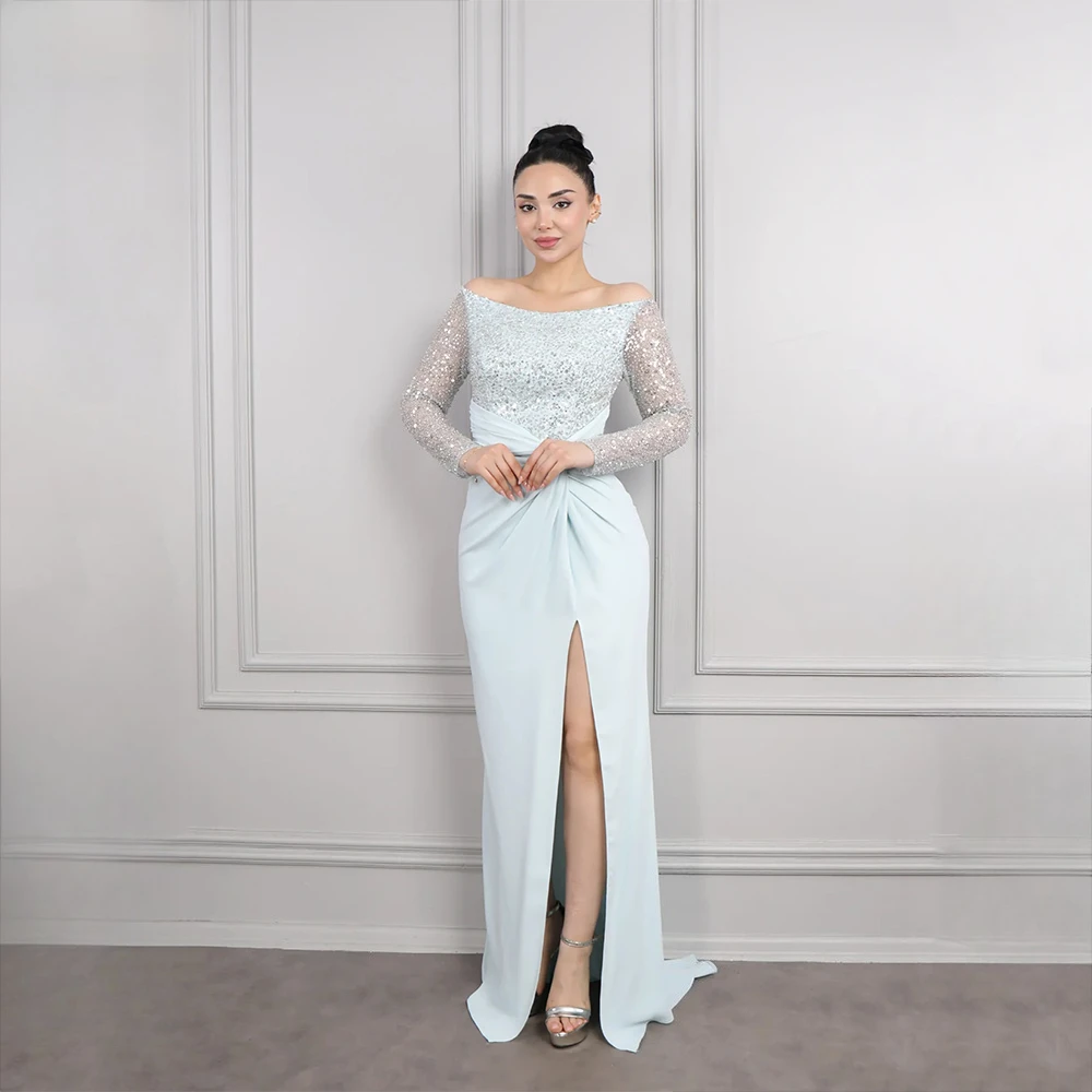 

Длинные вечерние платья с открытыми плечами по индивидуальному заказу. Элегантные платья для выпускного вечера для торжественных случаев. Платья для выпускного вечера длиной до пола с бисером и блестками.