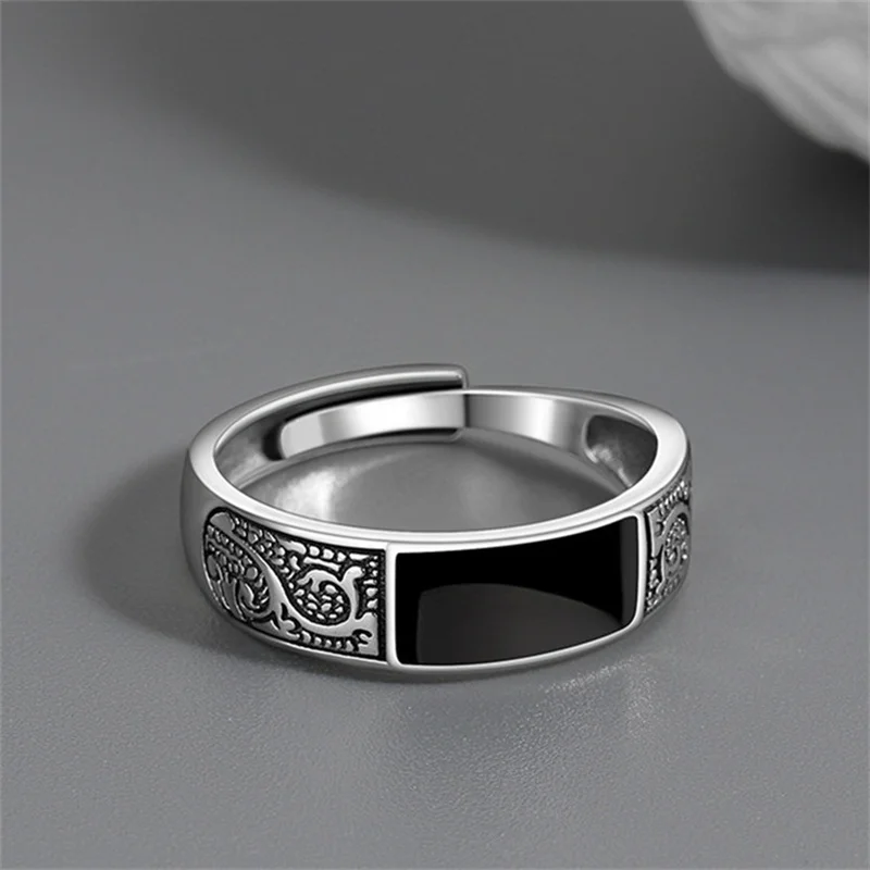 2024 Trendy Ring for Men Jewelry Black Rectangle Retro Dragon Pattern Ring Male Infex Finger Accessories Open