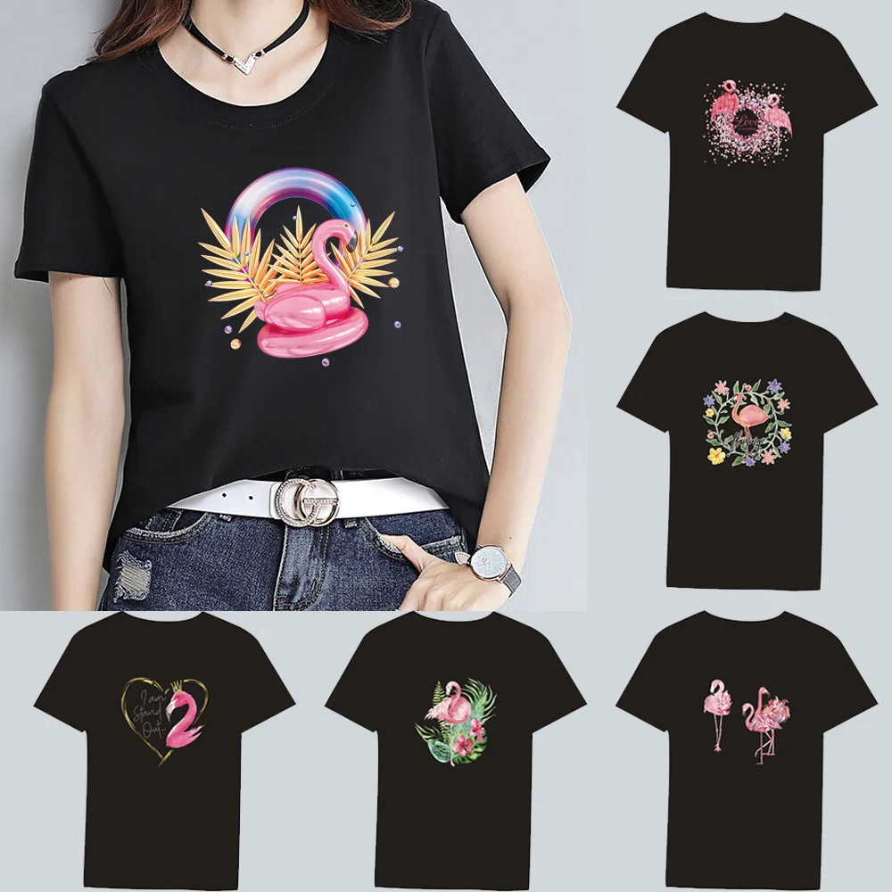 Women's Black T-Shirt Casual Top Clothes Round Neck Flamingo Print Series Ladies Casual Slim Soft Commuter Short Sleeve Clothing