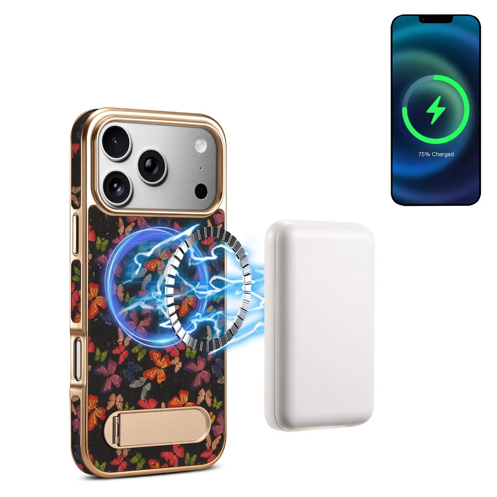 

Fashion Colorful Flowers Leather Phone Case for iPhone Air 17 16 15 14 13 Pro Max with Support Magnetic Charging and Hide Stand