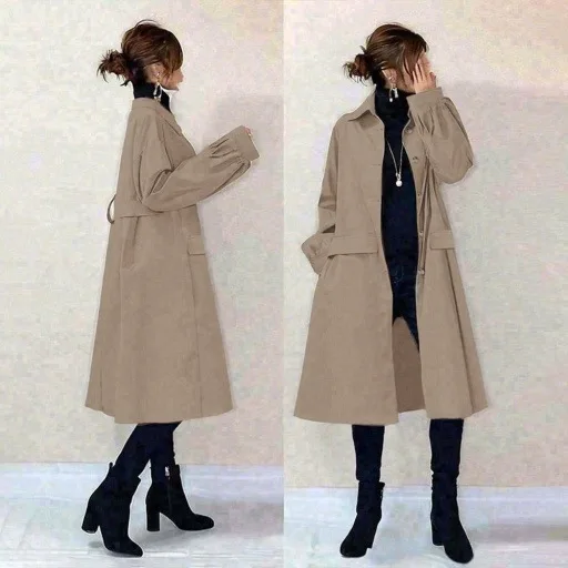 Women's Lapel Long Sleeve Belted Mid‑Length Trench Coat Loose Windproof Soft Comfortable Versatile Commute Daily Wear Outerwear