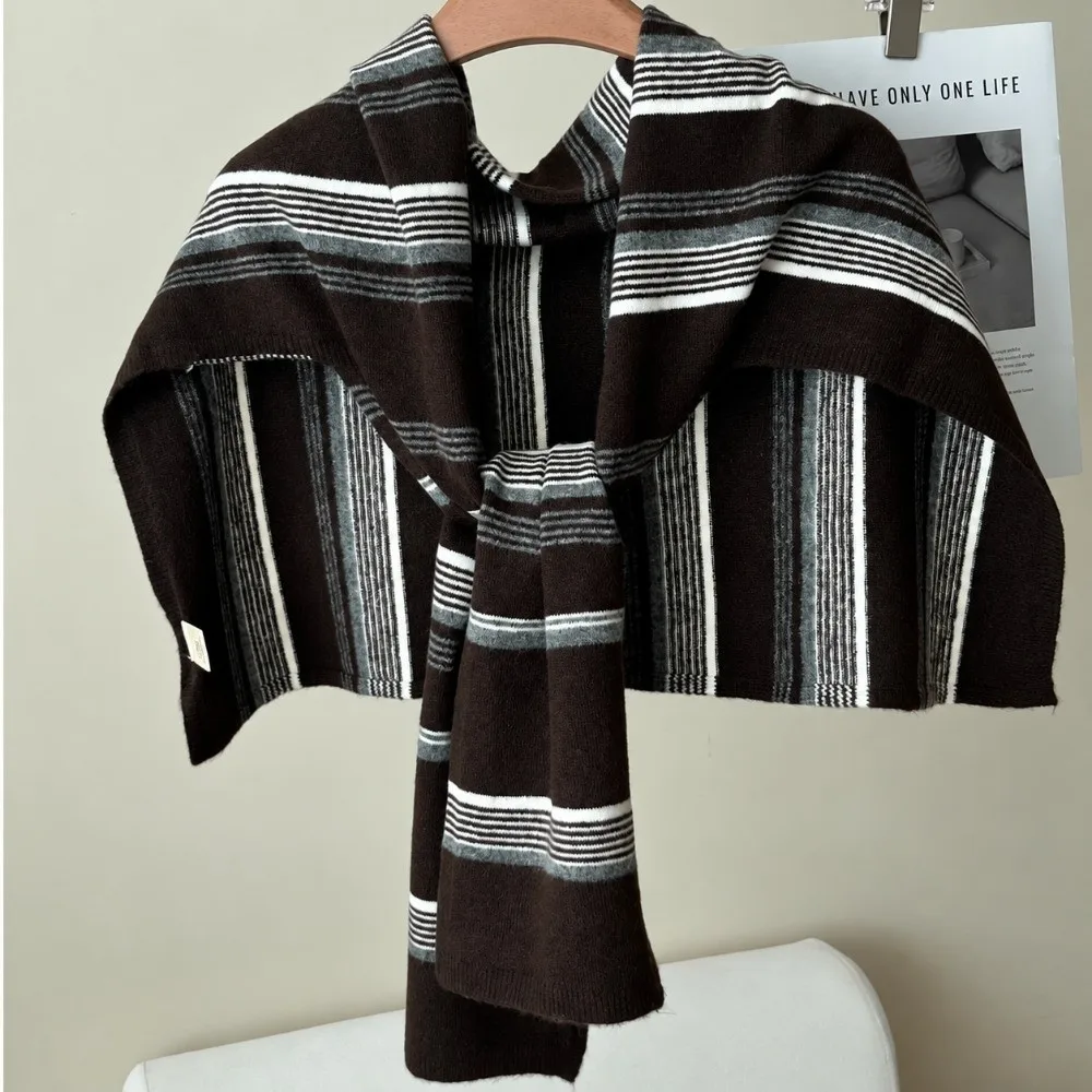 Fashion Color-block Striped Knitted Shawl Wool Blend T-Shaped Shoulder Wrap Soft Neck Warmer for Women