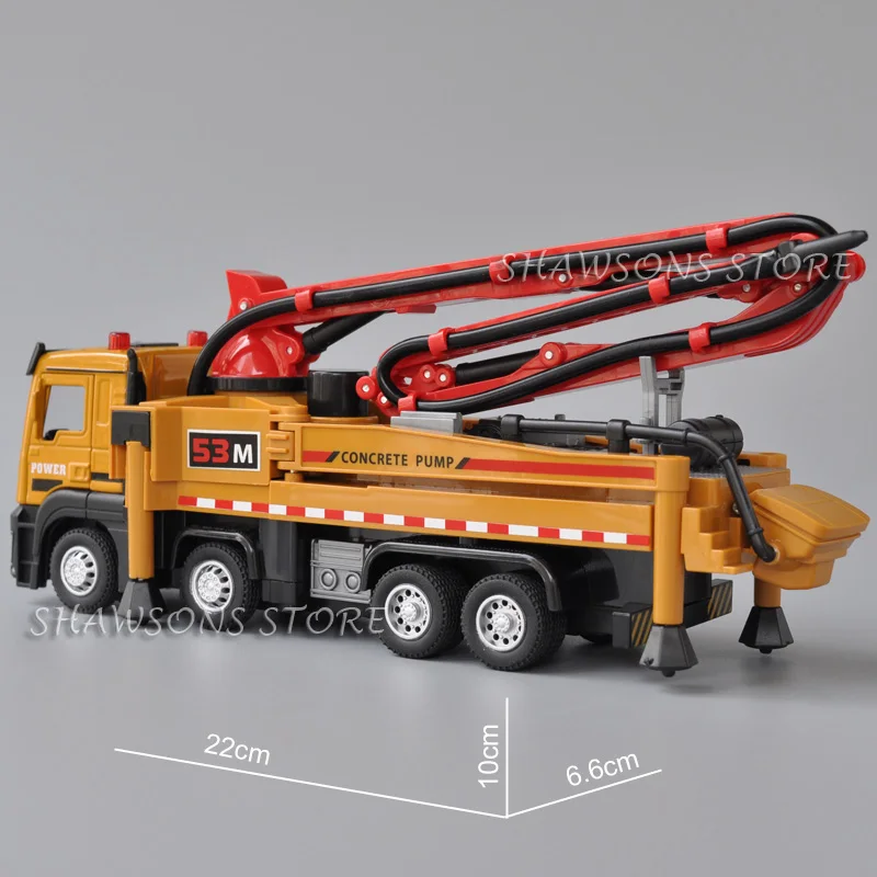 1:50 Diecast Metal Engineering Vehicle Model Toy Concrete Pump Truck Miniature Replica Pull Back Sound Lights