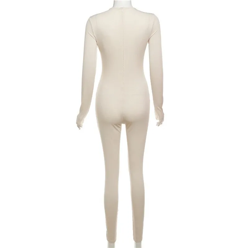 2025 Autumn Women Solid Ribbed Skinny Jumpsuits O Neck Long Sleeve Zip Slim Fitness One Piece Overalls Casual Streetwear Romper