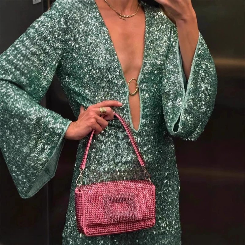 

Shiny Deep-V Sequins Mini Dress Women Sexy Hollow Out Long Flare Sleeve Y2K Short Dress 2025 Chic Evening Party Lady Gowns