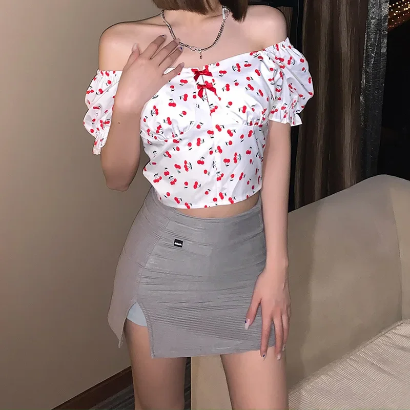 New Summer Sweet Cherry Print Crop Top Preppy Style Casual Cute Square Collar Elegant White Short Puff Sleeve T-Shirts Women Y2k