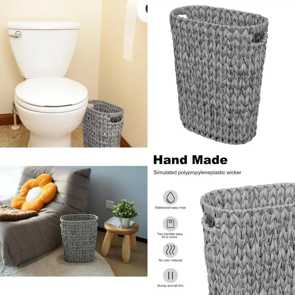 

20L Waterproof Wicker Trash Bin with Handles for Home, Office, Grey