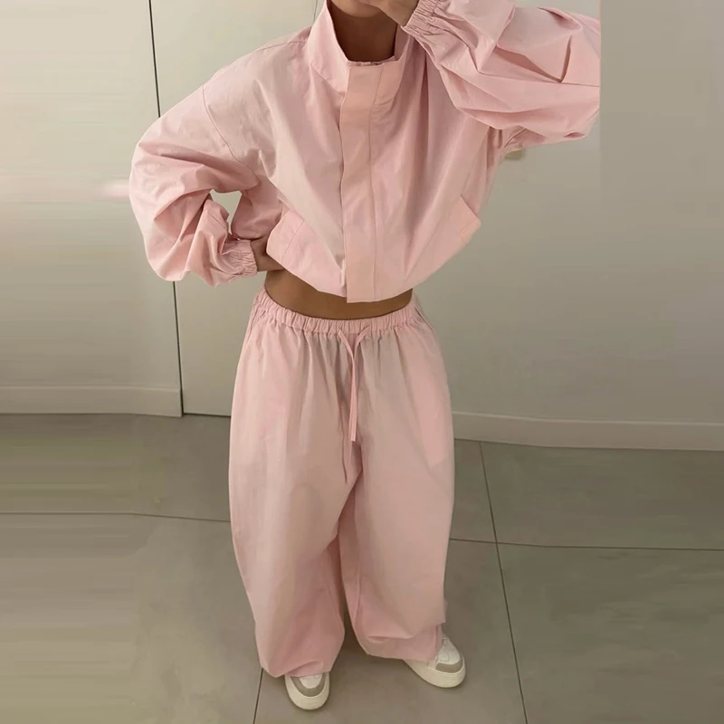 Casual Sporty Outfit Women Solid 2 Piece Co ord Set Retro Stand Collar Zip Cropped Jacket Elastic Waist Wide Leg Pants Tracksuit