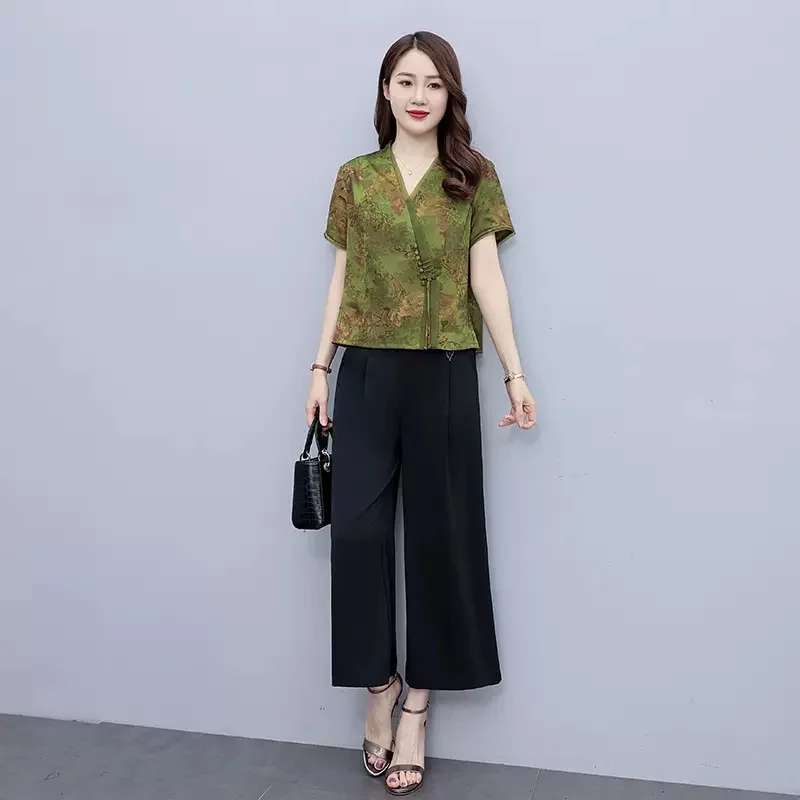 

Summer Fragrant Gauze Suit Female 2023 New Short Sleeve Printed Loose Casual Two-Piece Set Everything Black Wide Leg Pants Tide