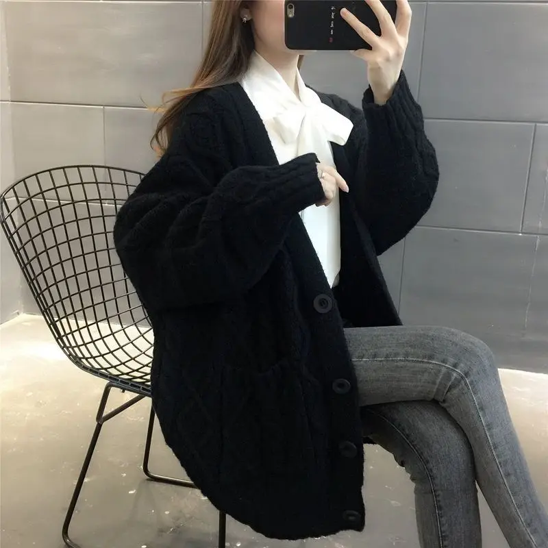 Women Autumn Winter Korean New V-neck Knit Cardigan Commuter Fashion Button Pocket Splicing Thickened Long Sleeved Sweater Coat