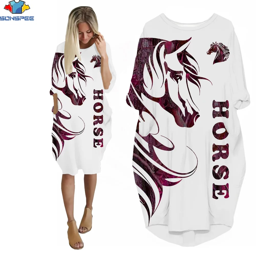 SONSPEE 3D Print Sunmmer Women New Hot Sale Short Sleeve Dress Horse Animal Popular Leisure Street Crew Neck Knee T-shirt Dress