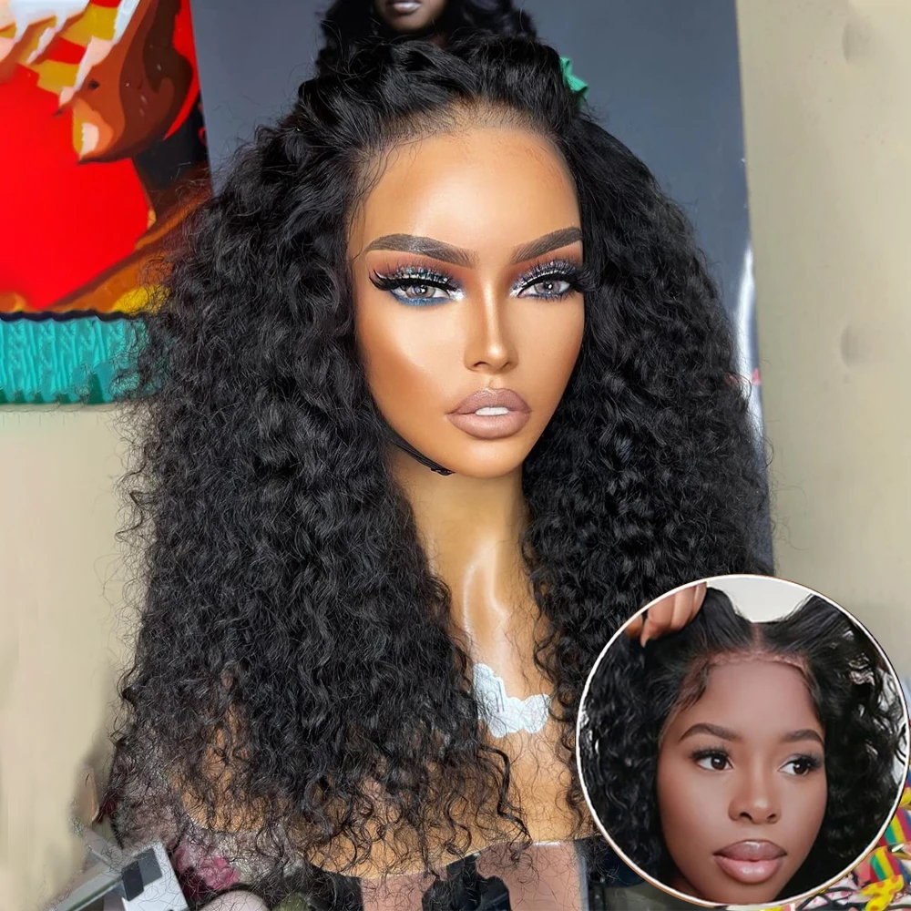 Kincky Culry Lace Closure Wigs Synthetic Water Wave Lace Front Wigs 4X4 HD Deep Curly Wet and Wavy Ready to Wear Glueless Wigs