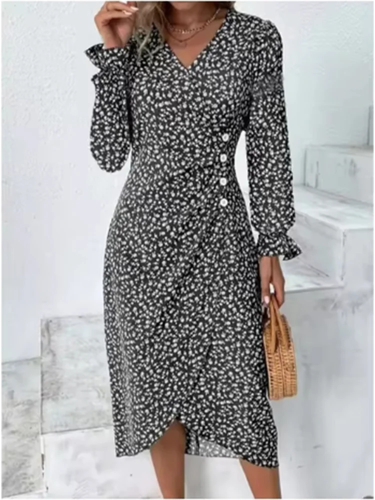 فستان نسائي بأكمام طويلة برقبة حرف V ، مزاجه أنيق ، أحادي اللون ، طباعة بأزرار ، شارع ، متعدد الاستخدامات ، مناسب للجسم ، الربيع ، الخريف #2