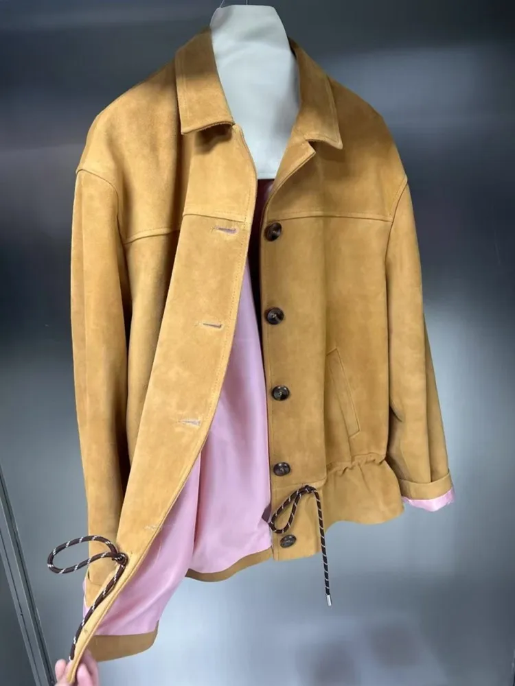 최고급 여성 가을 조절 가능한 허리 중간 길이 리얼 스웨이드 가죽 재킷 싱글 브레스티드 디자이너 빈티지 소프트 가죽 코트