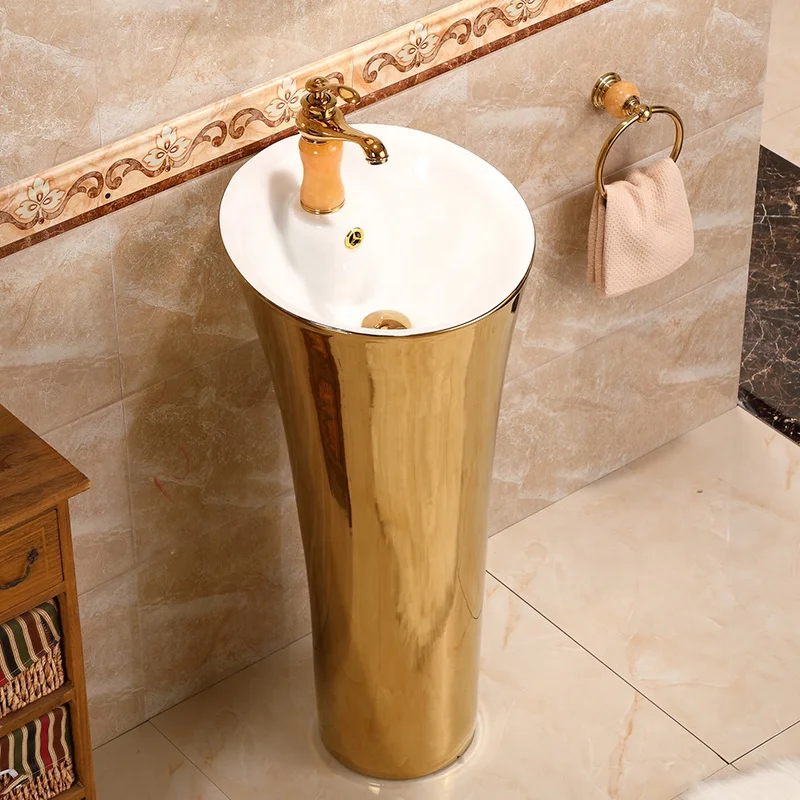 

Standing round bathroom pedestal sink gold faucet wash basin