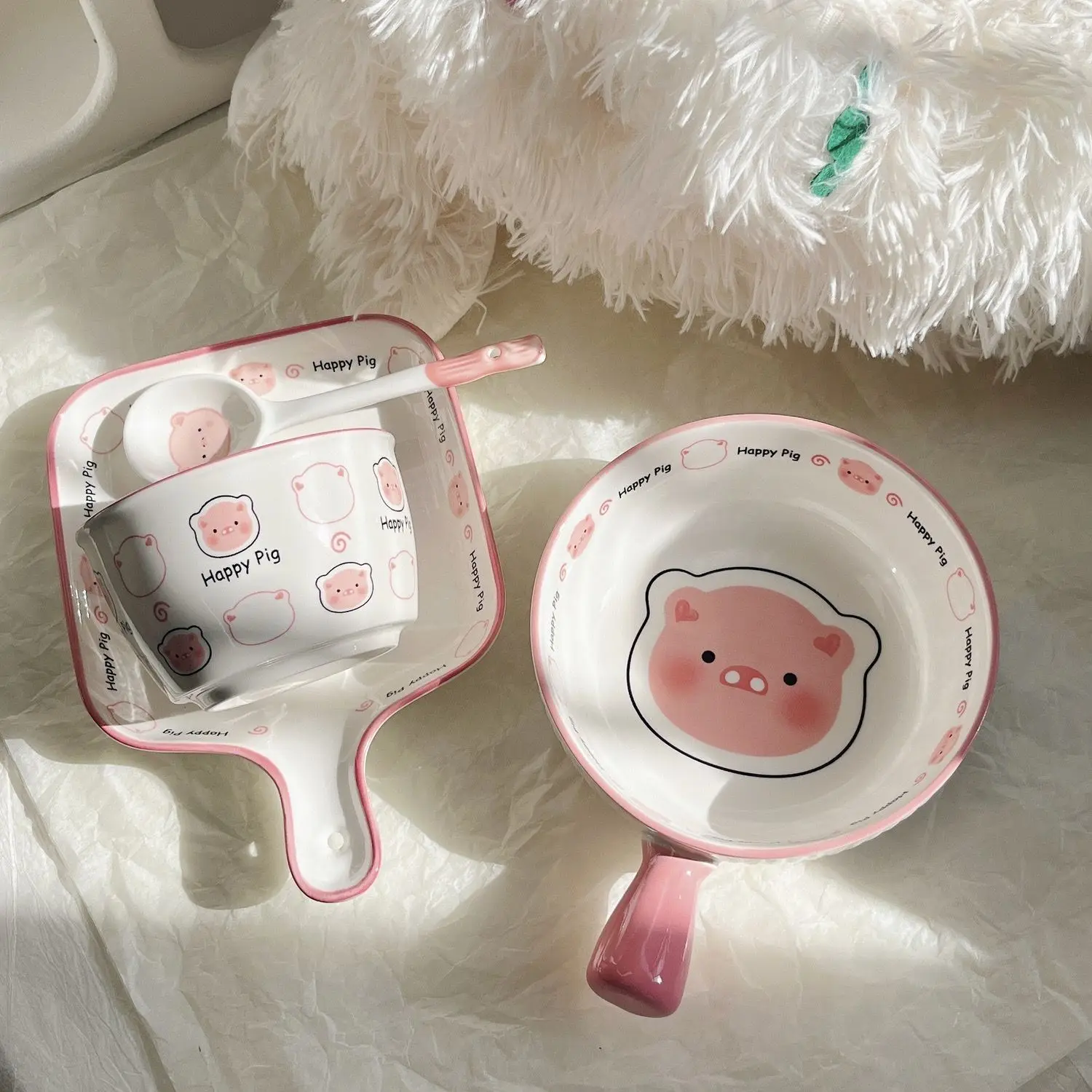 

Tableware and Rice Bowl Happy Pig for One Person, Cute Girl's Household , Ceramic Underglaze Color Set with Handle